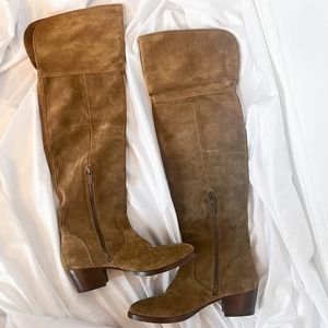 Frye Olive Brown Tan Suede Over the Knee Cuffed Taupe Boots Size 6